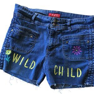 Upcycled Painted Cutoff Jean Shorts, Hippie Wild Child, Size 11 Junior